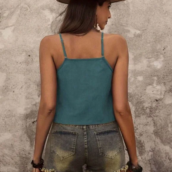 48 Teal fringe Tiered Camisole Top NEW sz XL boho women’s - Picture 3 of 4